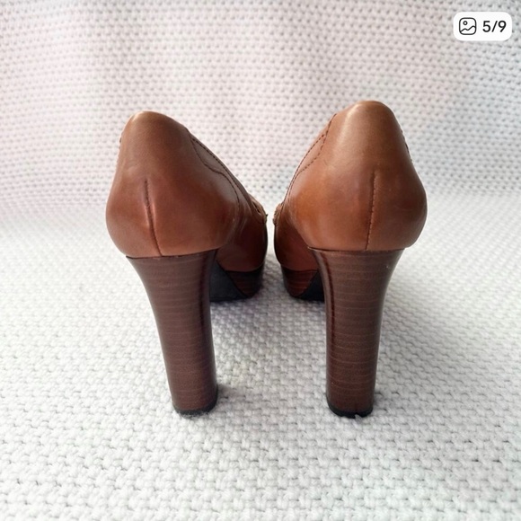 Marc Fisher Keeps Brown Tan Leather Platform Penny Loafer Stacked Heel Pump 6.5 - Picture 6 of 9